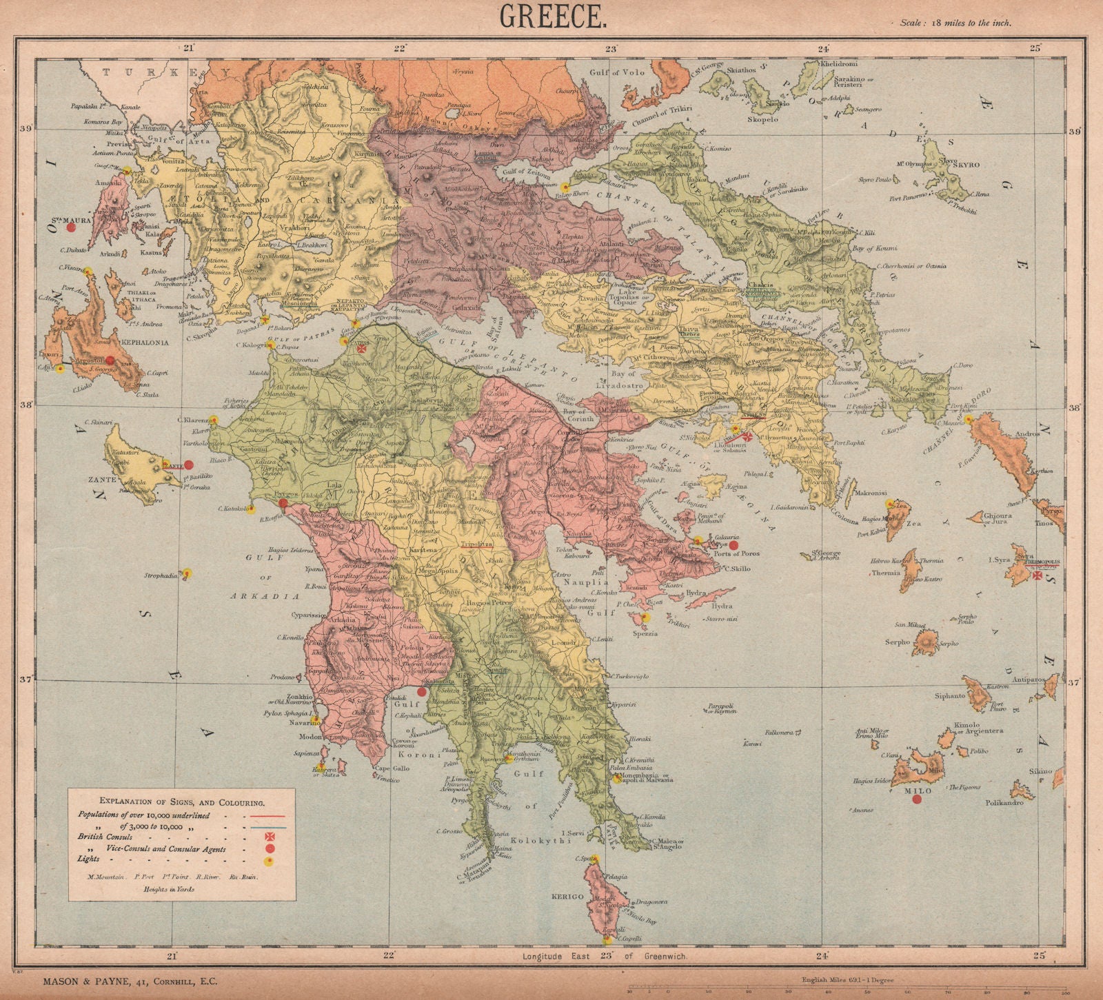 SOUTHERN GREECE. Cyclades Ionian. Lighthouses. British Consuls. LETTS 1889 map